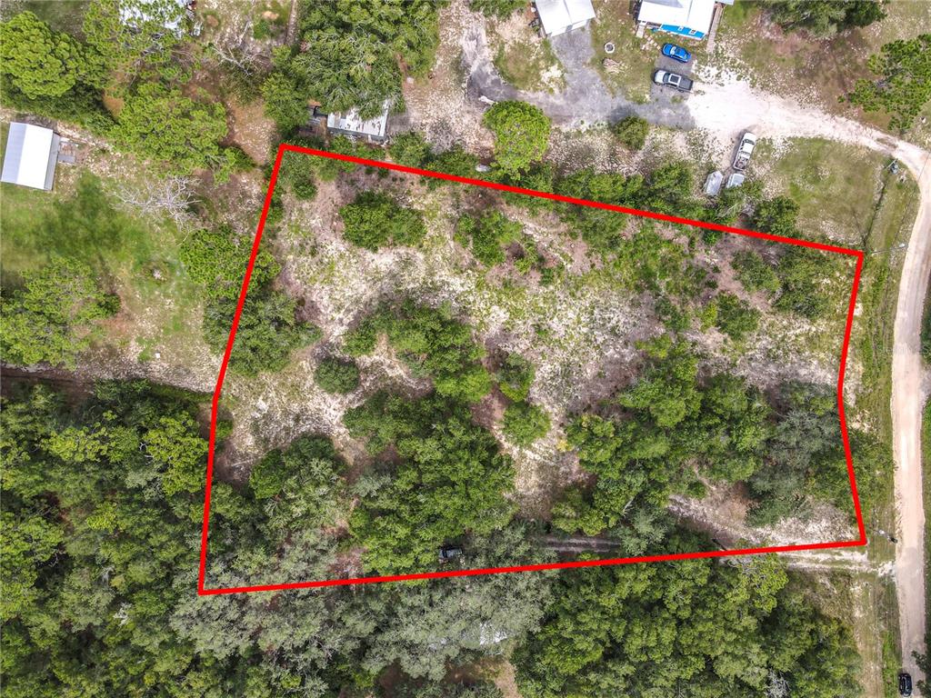An aerial view shows a vacant, wooded lot outlined in red — 114 PLANTATION WAY, HAWTHORNE, FL