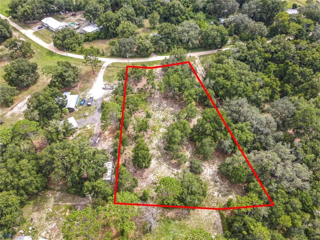 An aerial view shows a vacant, wooded lot outlined in red within a rural area — 114 PLANTATION WAY, HAWTHORNE, FL