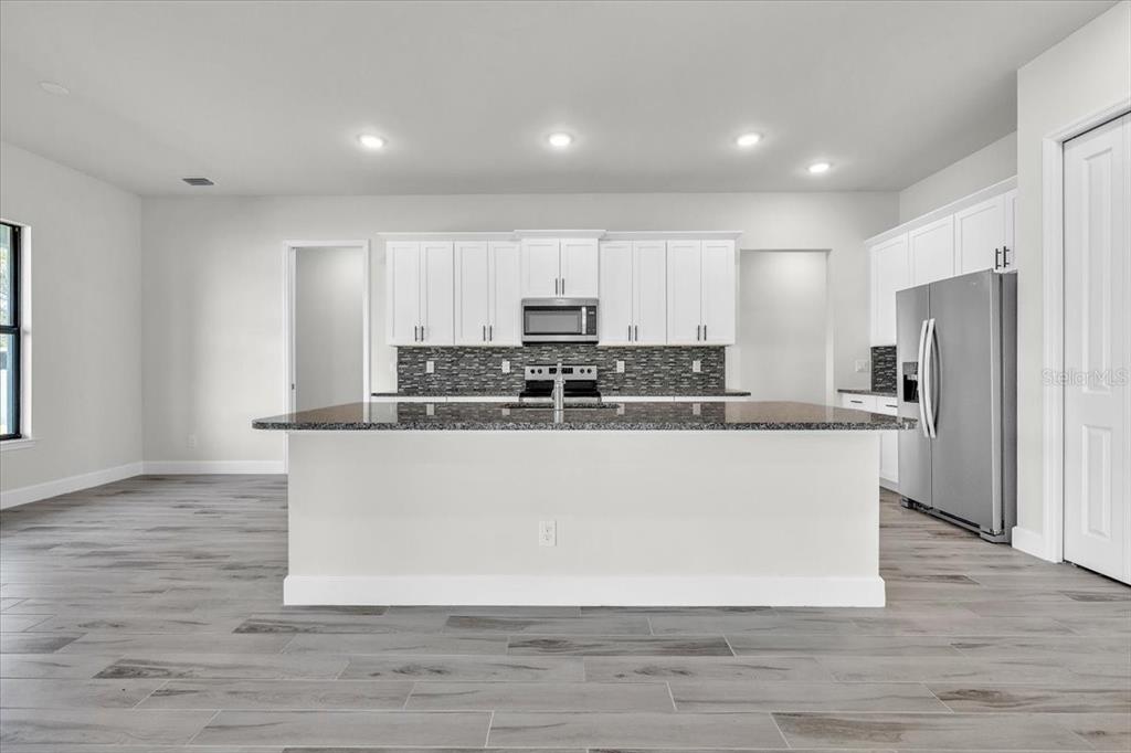 A kitchen features white cabinets, a granite-topped island, stainless steel appliances, and wood-look flooring — 459 NE 2ND PLACE, CAPE CORAL, FL