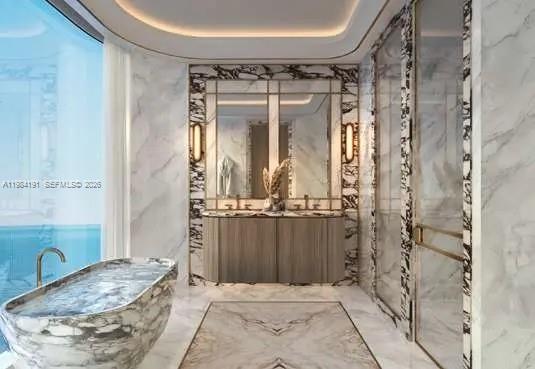 This rendering shows a luxury bathroom with a marble soaking tub and dual vanity — 121 Crescent Road # 00, Dubai, FL
