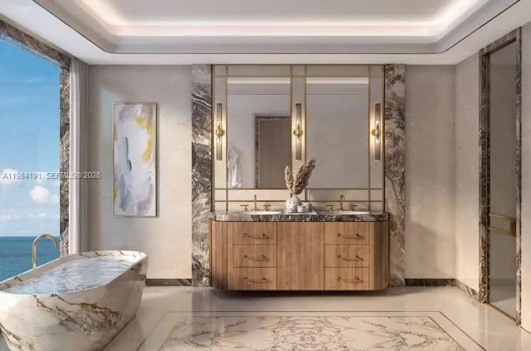 This rendering shows a luxury bathroom featuring a marble soaking tub, double vanity, and ocean view — 121 Crescent Road # 00, Dubai, FL