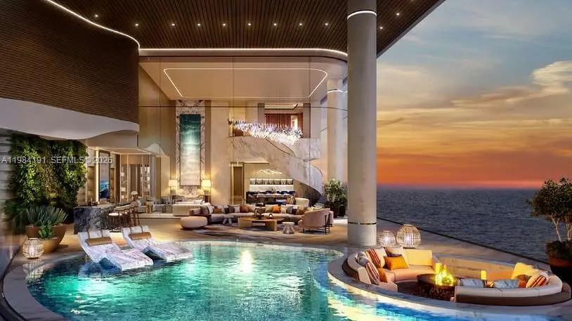 This architectural rendering shows a luxury indoor-outdoor living space with a private pool and ocean view — 121 Crescent Road # 00, Dubai, FL