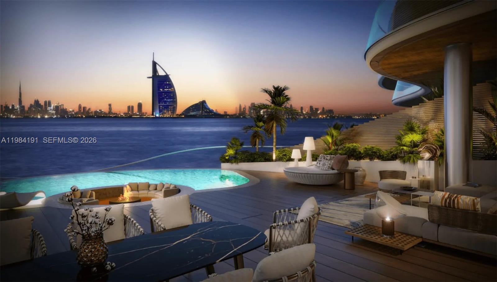 This rendering shows a luxury outdoor terrace with a pool overlooking the Dubai skyline — 121 Crescent Road # 00, Dubai, FL