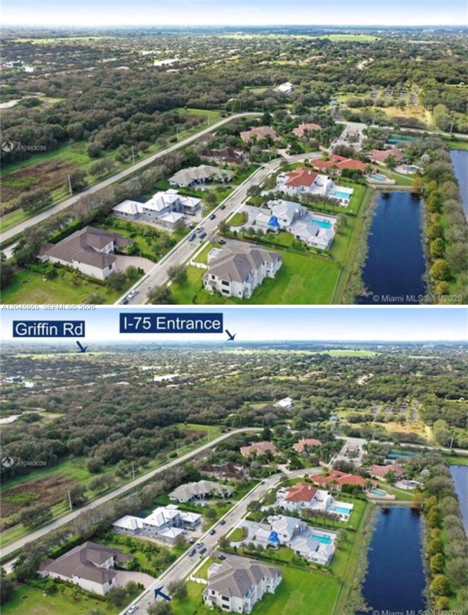 An aerial view shows a suburban neighborhood with houses, a lake, and nearby roads — 12802 Grand Oaks Dr # 0, Davie FL 33330, DAVIE, FL