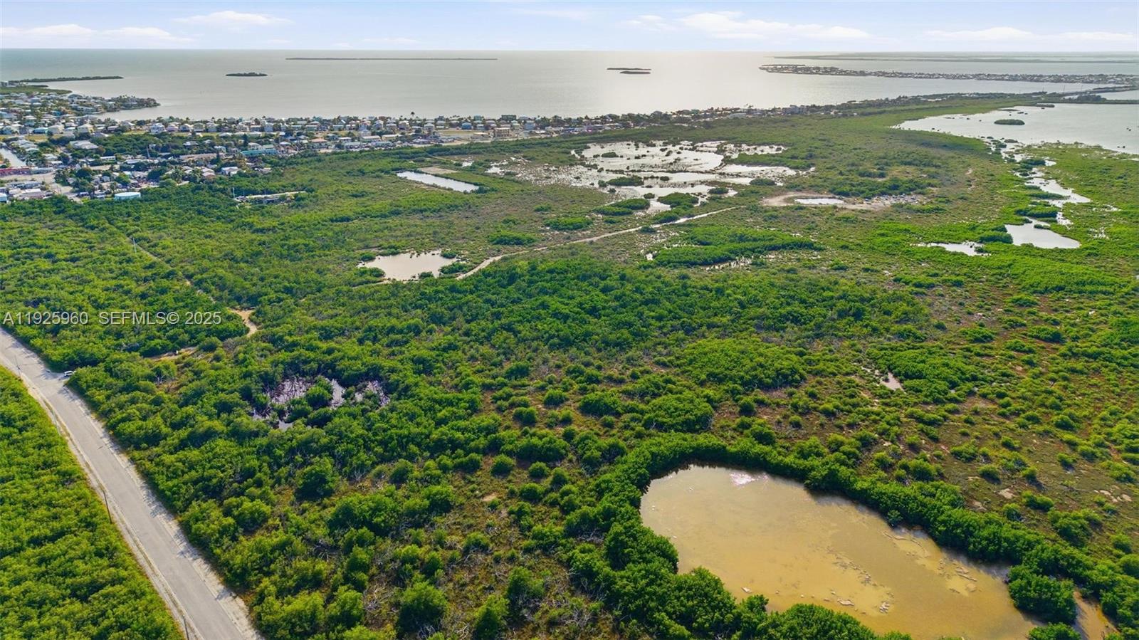 An aerial view shows a coastal landscape with dense vegetation, scattered ponds, and a road — 0 Niles Rd, Key Colony FL 33042, KEY COLONY, FL