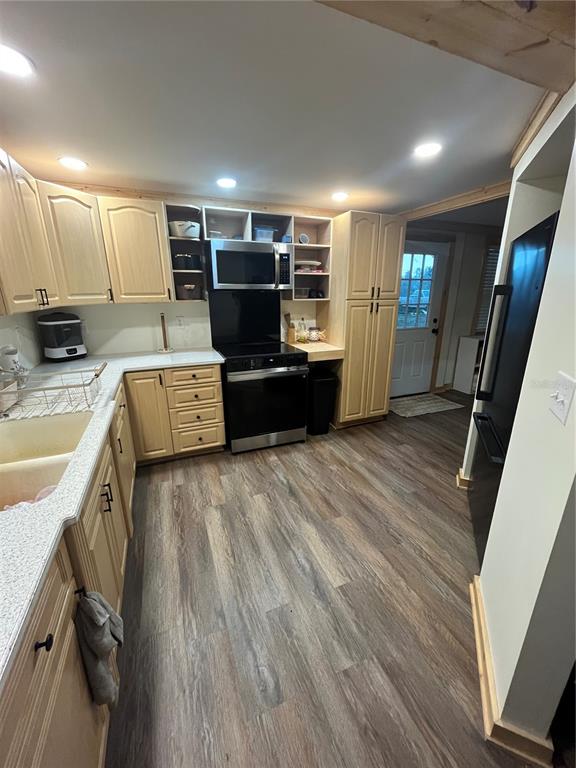 A kitchen features light wood cabinets, stainless steel appliances, and wood-look flooring — 3830 COUNTY ROAD 547 N, DAVENPORT, FL