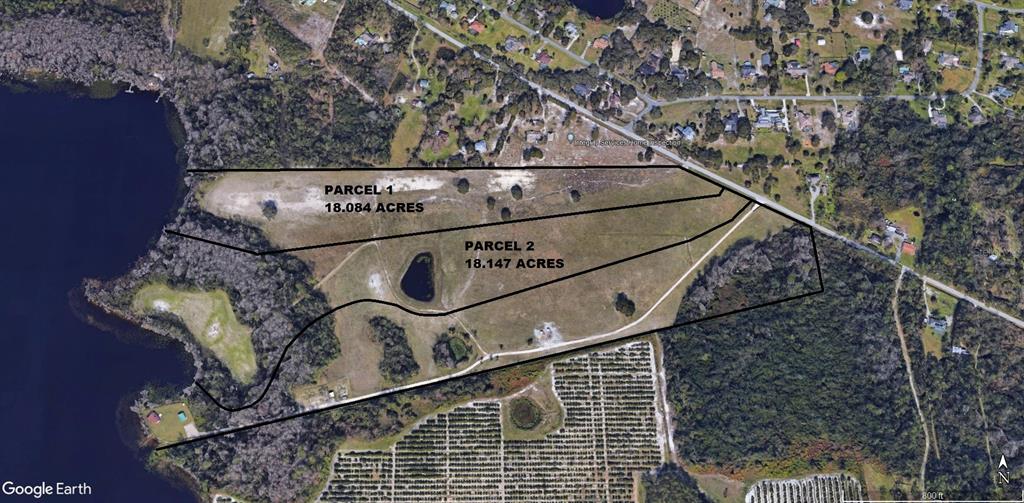 This is an aerial map showing two adjacent land parcels totaling approximately 36 acres — PARCEL 2 N FORT CHRISTMAS ROAD, CHRISTMAS, FL