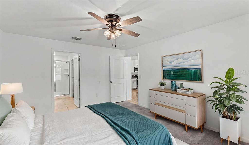 A bedroom features a ceiling fan, a white dresser, a potted plant, and two doorways — 272 PERSHING STREET, BARTOW, FL