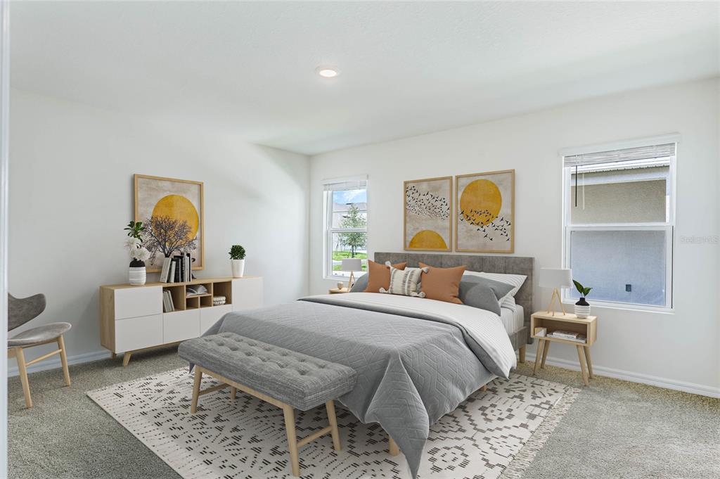 This is a digital rendering of a bedroom featuring a bed, dresser, and two windows — 5130 CLUSIA DRIVE, APOPKA, FL