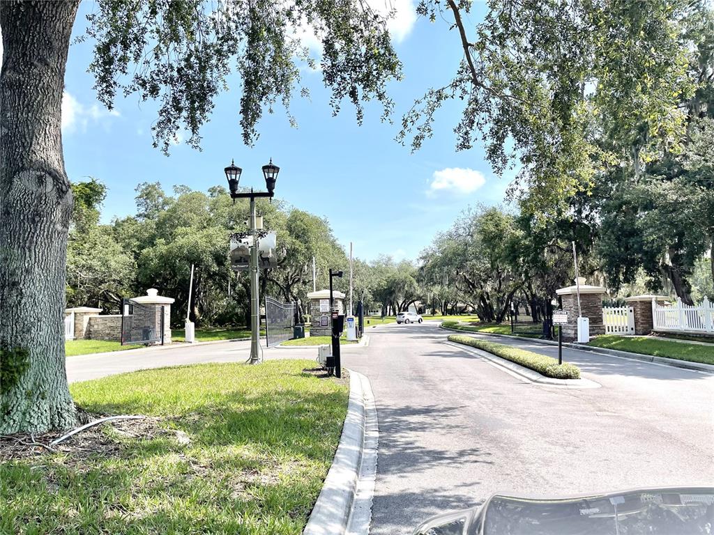 A gated community entrance features a paved road, stone pillars, and mature oak trees — 8321 GREENBANK BOULEVARD, WINDERMERE, FL