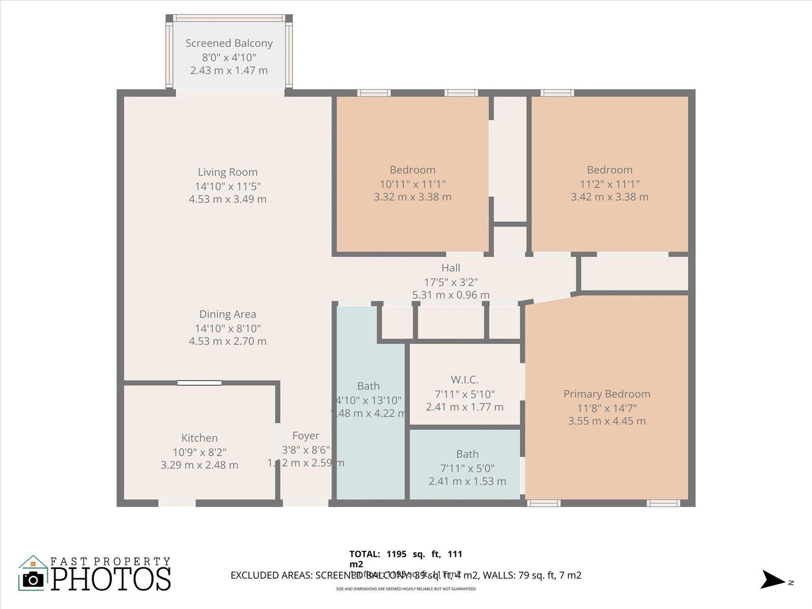This is a floor plan for a three-bedroom apartment with two bathrooms and a balcony — 2800 NW 56th # A404, Lauderhill FL 33313, LAUDERHILL, FL