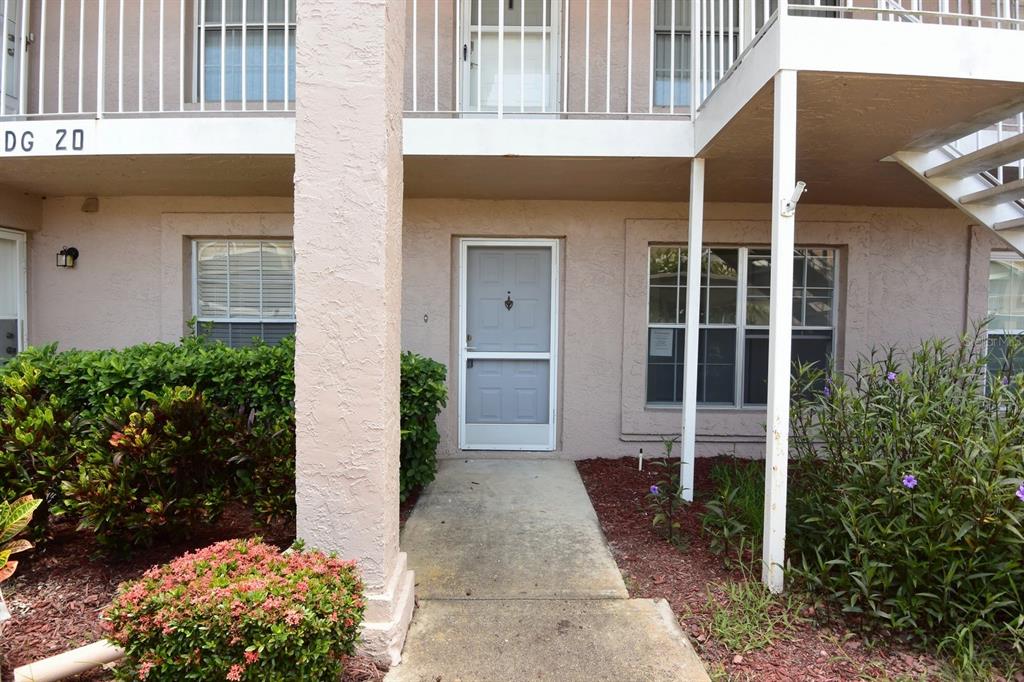 The exterior view shows a ground-level apartment entrance with a walkway and surrounding landscaping — 4908 MYRTLE OAK DRIVE UNIT 12, NEW PORT RICHEY, FL