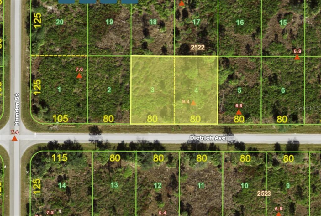 This is a satellite map showing two highlighted adjacent land parcels along a paved road — 12392 DIETRICH AVENUE, PORT CHARLOTTE, FL