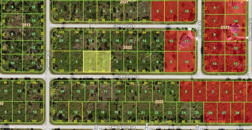 This is a map showing multiple residential land parcels with lot dimensions and street names — 12392 DIETRICH AVENUE, PORT CHARLOTTE, FL