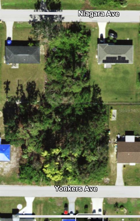 This aerial map shows a vacant, tree-covered lot situated between two residential properties — 22313 NIAGARA AVENUE, PORT CHARLOTTE, FL