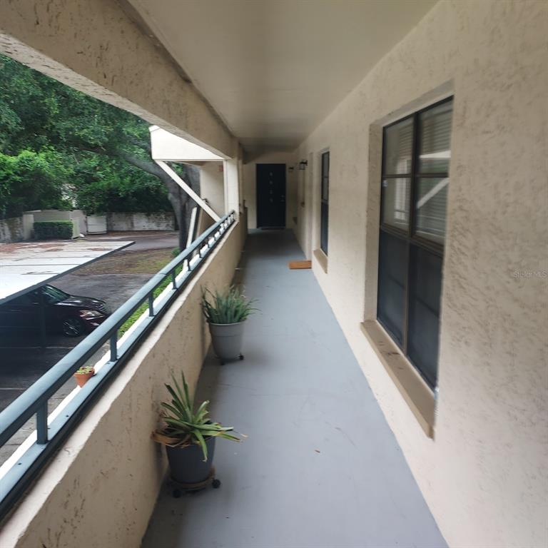 An outdoor apartment walkway features a metal railing, potted plants, and a dark entry door — 4927 PURITAN CIRCLE UNIT 123, TAMPA, FL