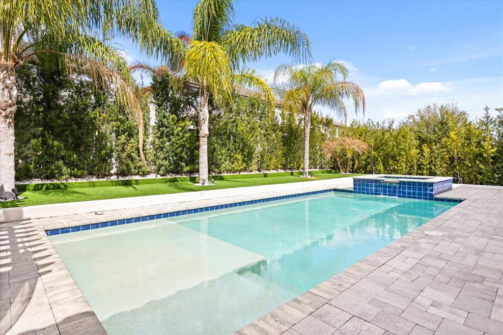 A rectangular swimming pool with a spa and a tanning ledge in a backyard — 8109 LUDINGTON CIRCLE, ORLANDO, FL