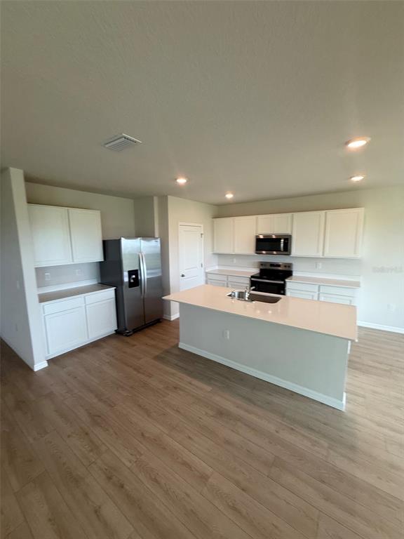 A kitchen features white cabinets, stainless steel appliances, a center island, and wood-look flooring — 11003 44TH AVENUE E, PALMETTO, FL