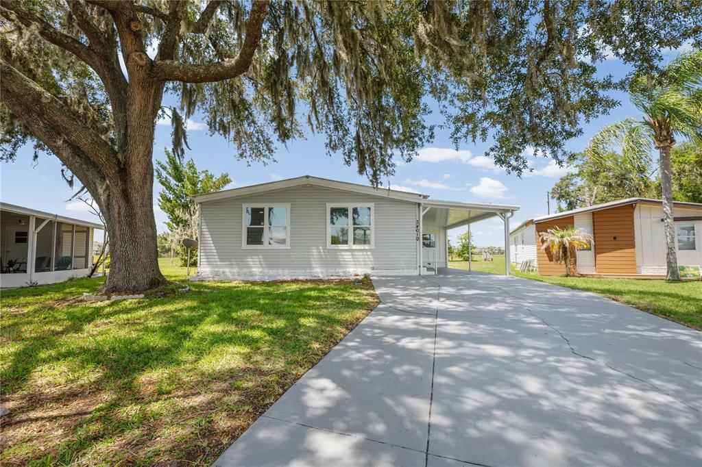 A light gray manufactured home features a concrete driveway, a carport, and a large tree — 34010 ESTATES LANE, WESLEY CHAPEL, FL