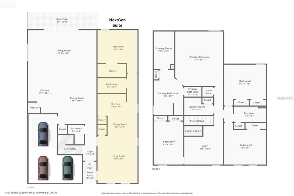 This is a two-story floor plan showing the layout of a house with a NextGen suite — 2369 CRESCENT MOON STREET, KISSIMMEE, FL