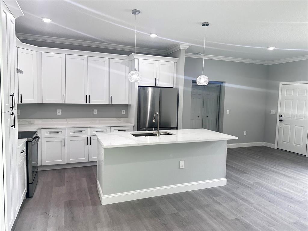 A modern kitchen features white cabinets, a marble-topped island, and gray wood-look flooring — 221 W EUCLID AVENUE, DELAND, FL
