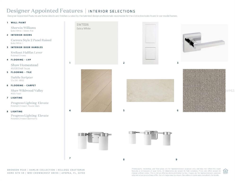 This image displays a selection board of interior finishes, including paint, doors, flooring, and lighting — 1892 CROWNCREST DRIVE, APOPKA, FL