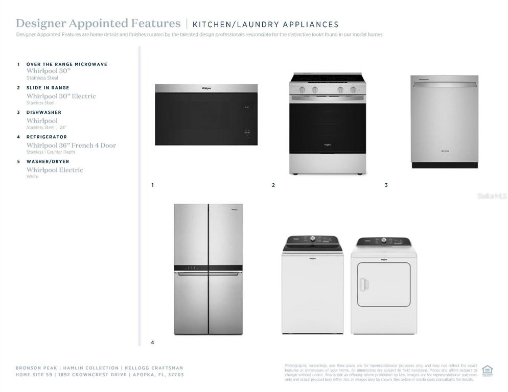 This image displays a list of Whirlpool kitchen and laundry appliances with corresponding product photos — 1892 CROWNCREST DRIVE, APOPKA, FL