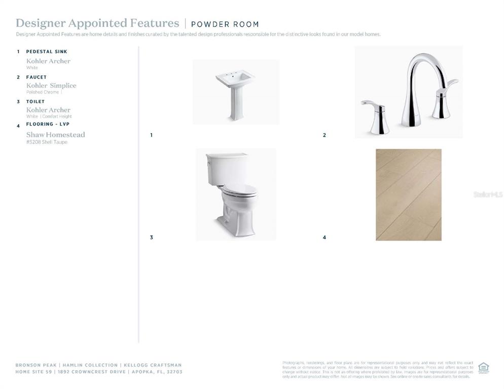 This image displays a selection of bathroom fixtures and flooring finishes for a powder room — 1892 CROWNCREST DRIVE, APOPKA, FL