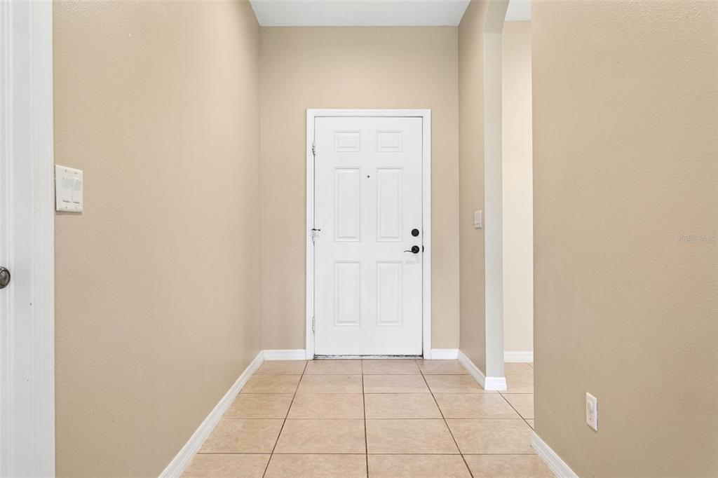 An entryway features beige walls, tiled flooring, and a white six-panel front door — 3033 GEM LUSTER COURT, VALRICO, FL