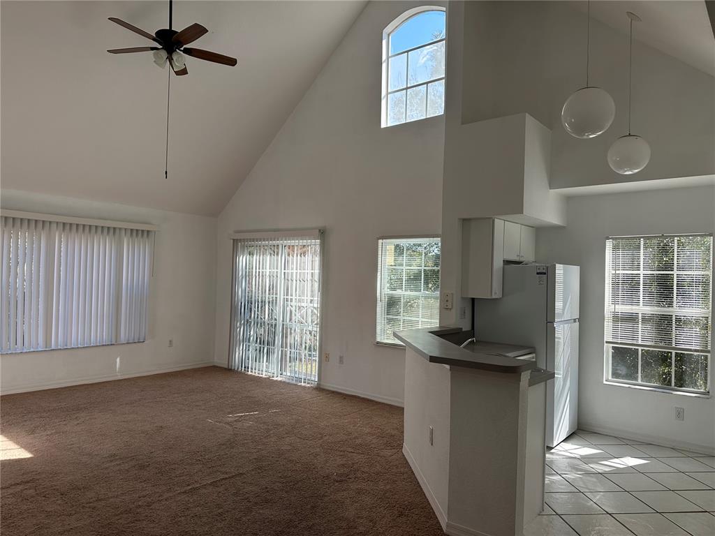 A living room with vaulted ceilings, carpeted flooring, and an adjacent kitchen area with tile — 10444 WHITE LAKE COURT UNIT 10444, TAMPA, FL