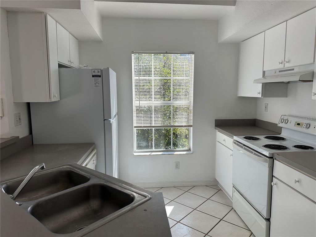 A kitchen features white cabinets, a double sink, a white refrigerator, and a window — 10444 WHITE LAKE COURT UNIT 10444, TAMPA, FL