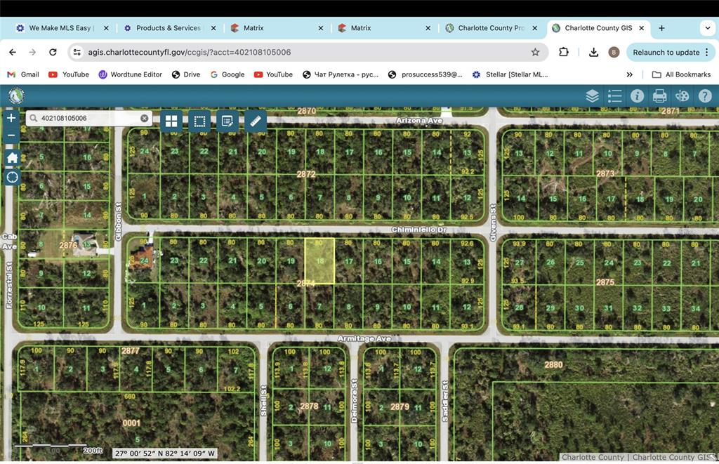 This is a digital map showing property lot lines and parcel numbers in Charlotte County — 13085 CHIMINIELLO DRIVE, PORT CHARLOTTE, FL
