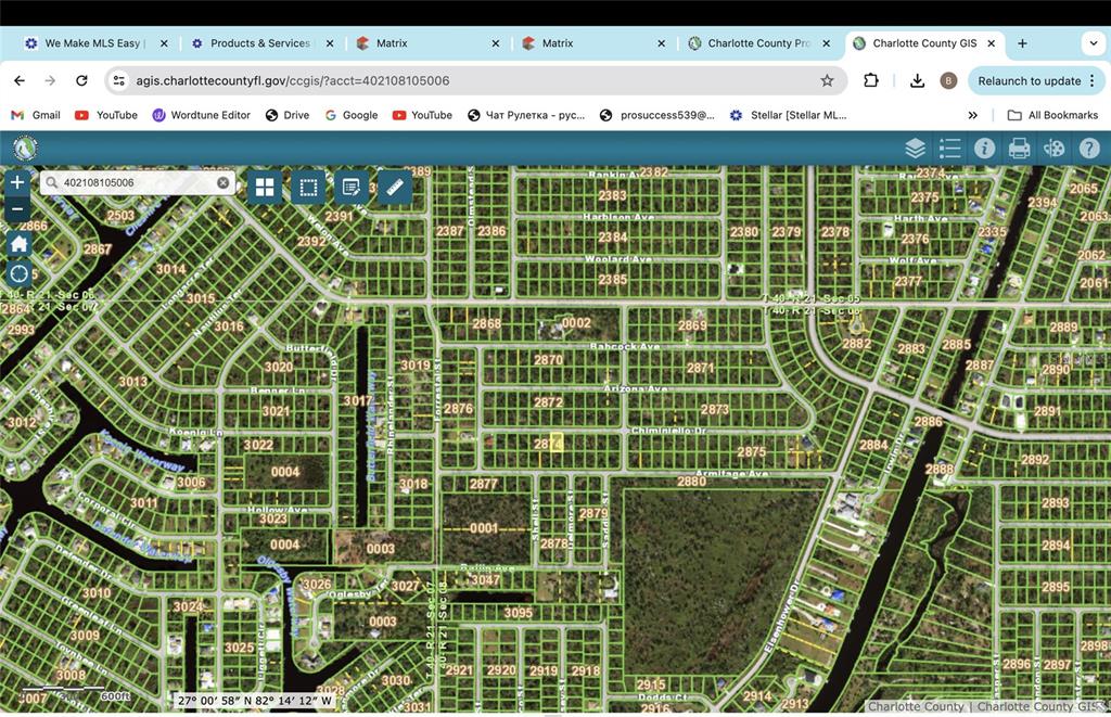 This is a digital map showing property parcel lines and street names in Charlotte County — 13085 CHIMINIELLO DRIVE, PORT CHARLOTTE, FL