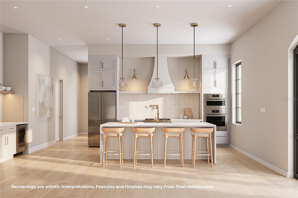 This rendering shows a modern kitchen with a central island, bar stools, and stainless appliances — 2000 N WESTMORELAND DRIVE, ORLANDO, FL