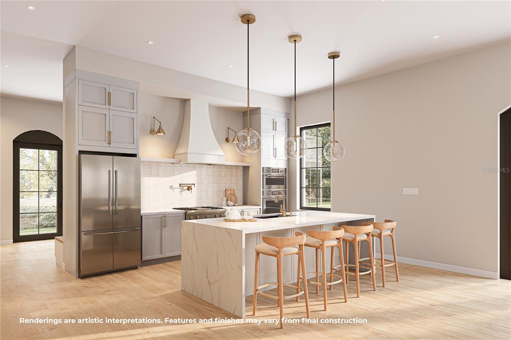 This rendering shows a modern kitchen with a marble island, stainless appliances, and pendant lighting — 2000 N WESTMORELAND DRIVE, ORLANDO, FL