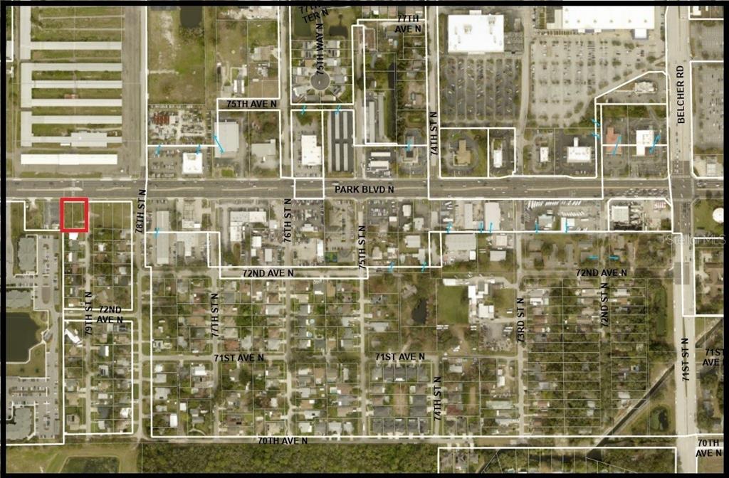 This is an aerial map showing a property highlighted in red near Park Blvd N — 7900 PARK BOULEVARD N, PINELLAS PARK, FL
