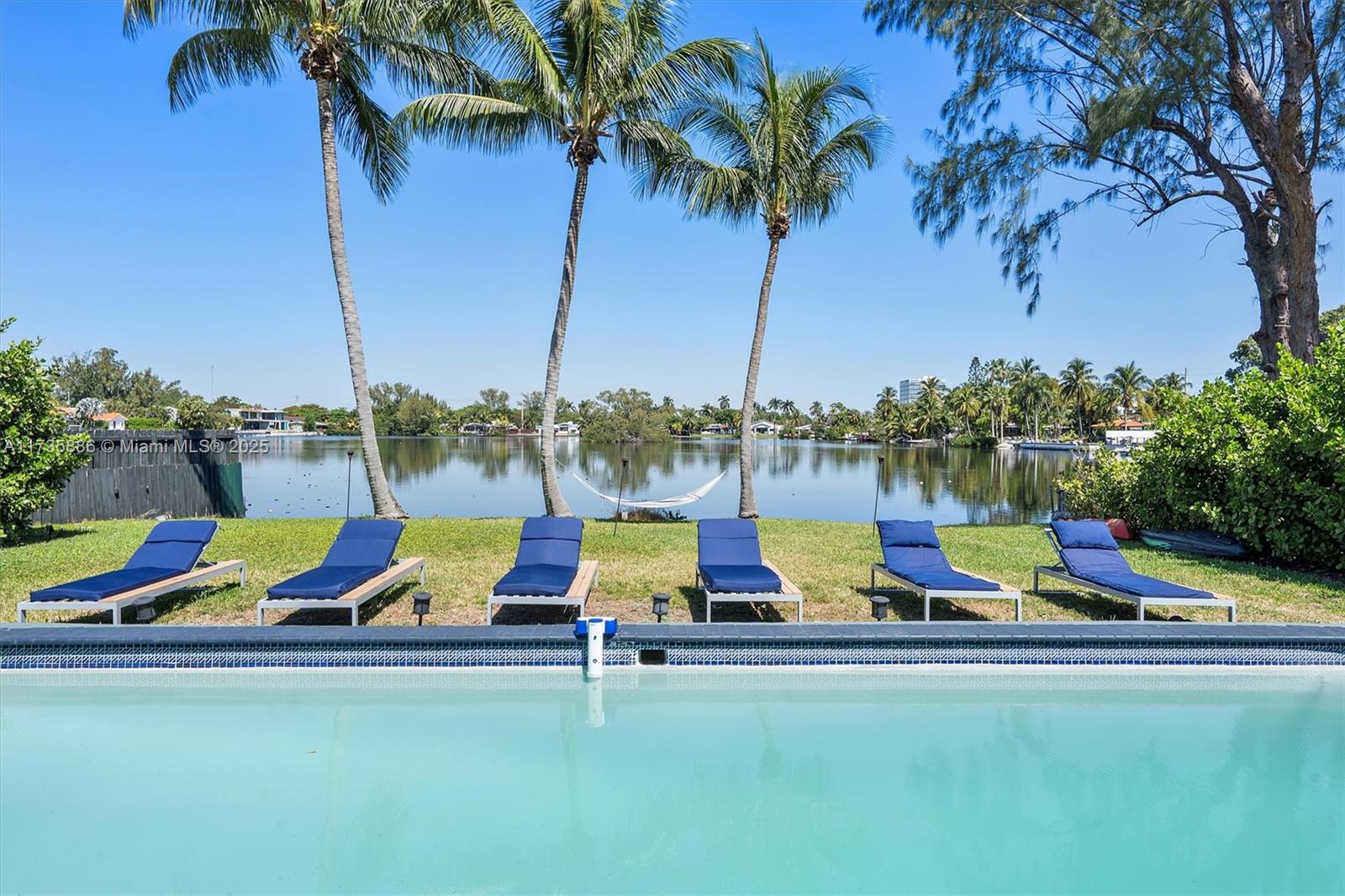 A swimming pool overlooks a grassy lawn with lounge chairs, palm trees, and a lake — 2541 NE 195th St # 0, Miami FL 33180, MIAMI, FL