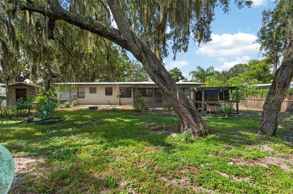 A backyard view of a single-story house with a large tree and a wooden structure — 408 BERWICK AVENUE, TEMPLE TERRACE, FL