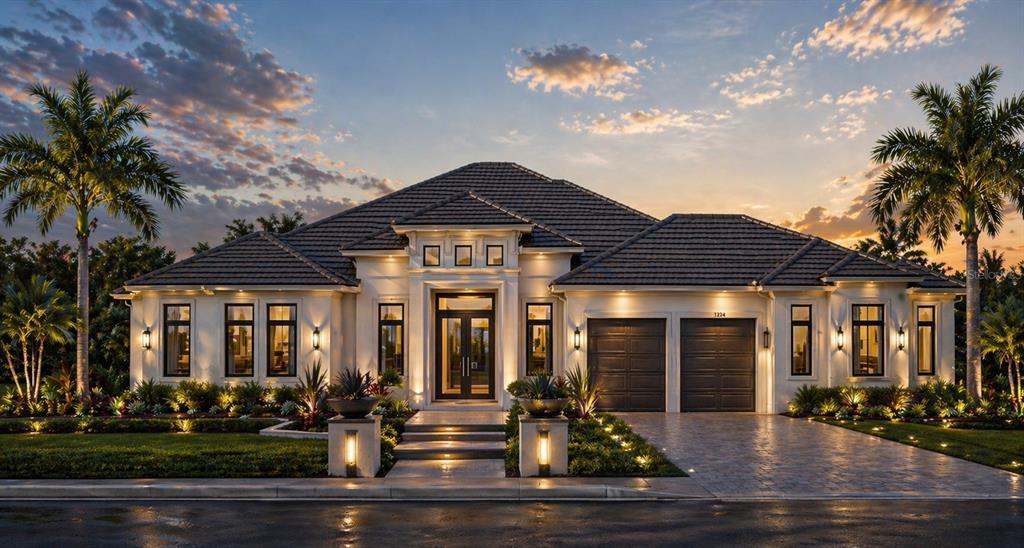 This is a rendering of a single-story luxury home with a tiled roof and palm trees — 2503 SW 41ST STREET, CAPE CORAL, FL