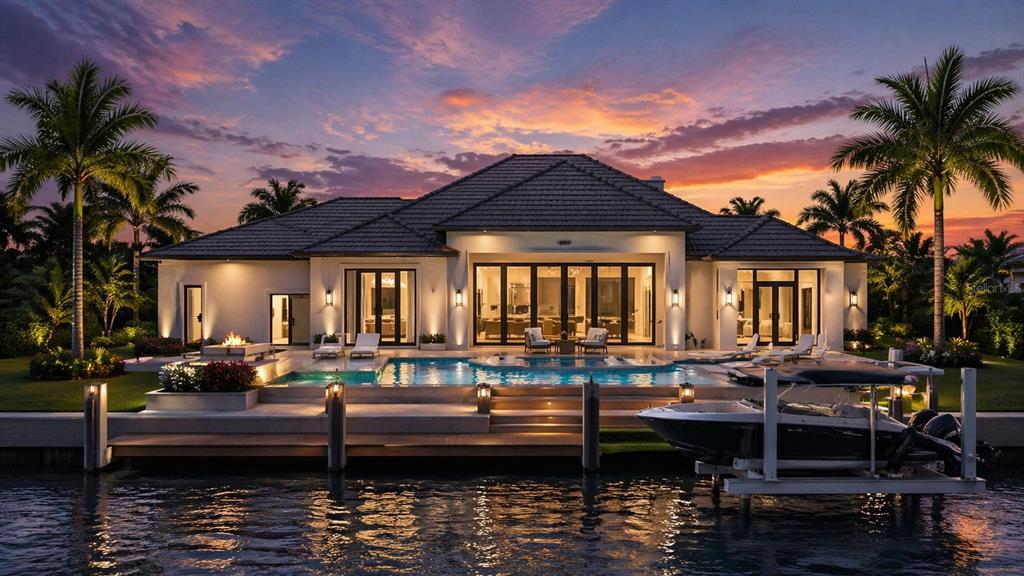 A waterfront house with a pool, boat dock, and sunset sky in a digital rendering — 2503 SW 41ST STREET, CAPE CORAL, FL