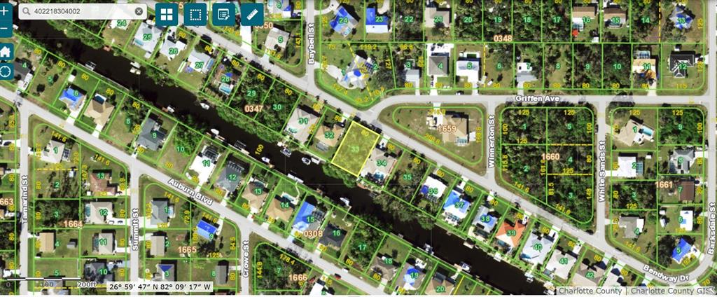 This is an aerial map view of a residential neighborhood with canal-front lots — 2327 BENDWAY DRIVE, PORT CHARLOTTE, FL