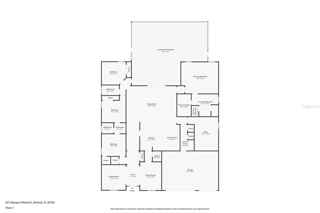 This is a floor plan of a single-story residential home with a screened patio — 517 MORGAN WOOD DRIVE, DELAND, FL
