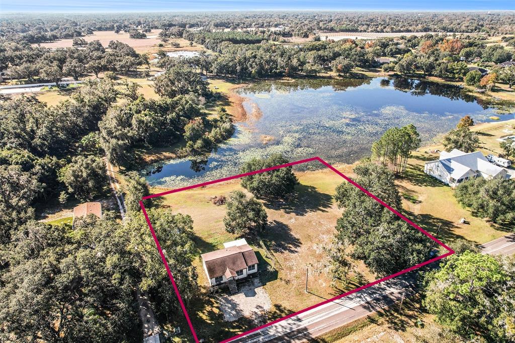 An aerial view shows a house on a large lot bordering a lake — 2215 WALLACE ROAD, LUTZ, FL