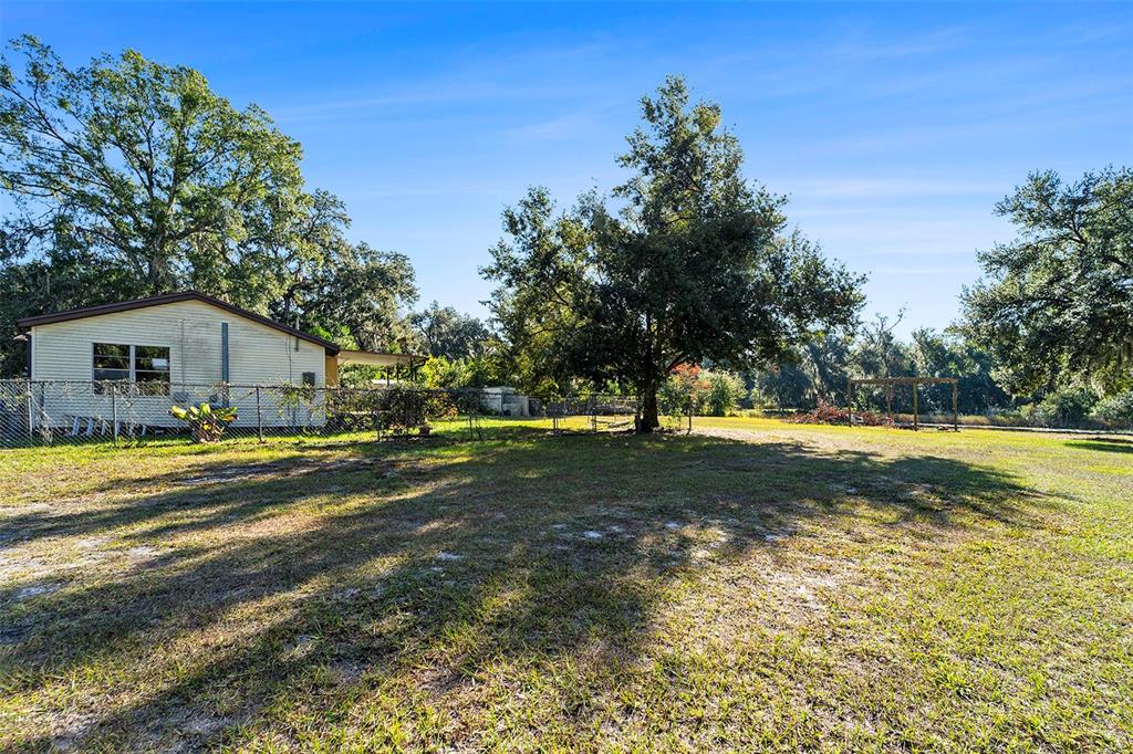 A fenced backyard features a single-story house, large trees, and a wooden pergola structure — 2215 WALLACE ROAD, LUTZ, FL