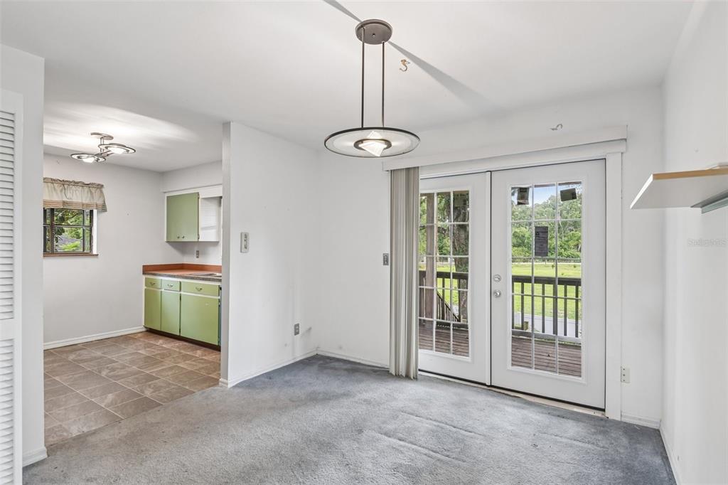A dining area with gray carpet and a pendant light opens to a green kitchen — 18411 AUTUMN MIST DRIVE, LUTZ, FL