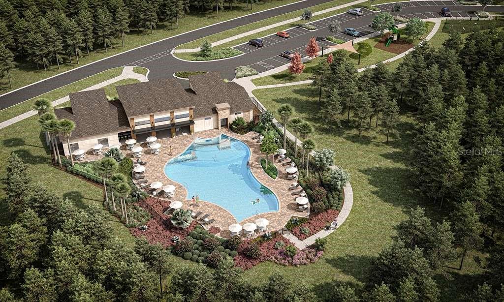 This is a rendering of a community clubhouse featuring a swimming pool and parking lot — 196 ENCLAVE AVENUE, PALM COAST, FL