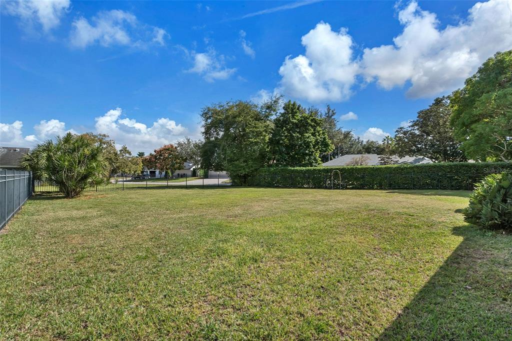 A large, grassy backyard features a metal fence, mature trees, and a manicured hedge — 6047 SHORE LINE DRIVE, ORLANDO, FL