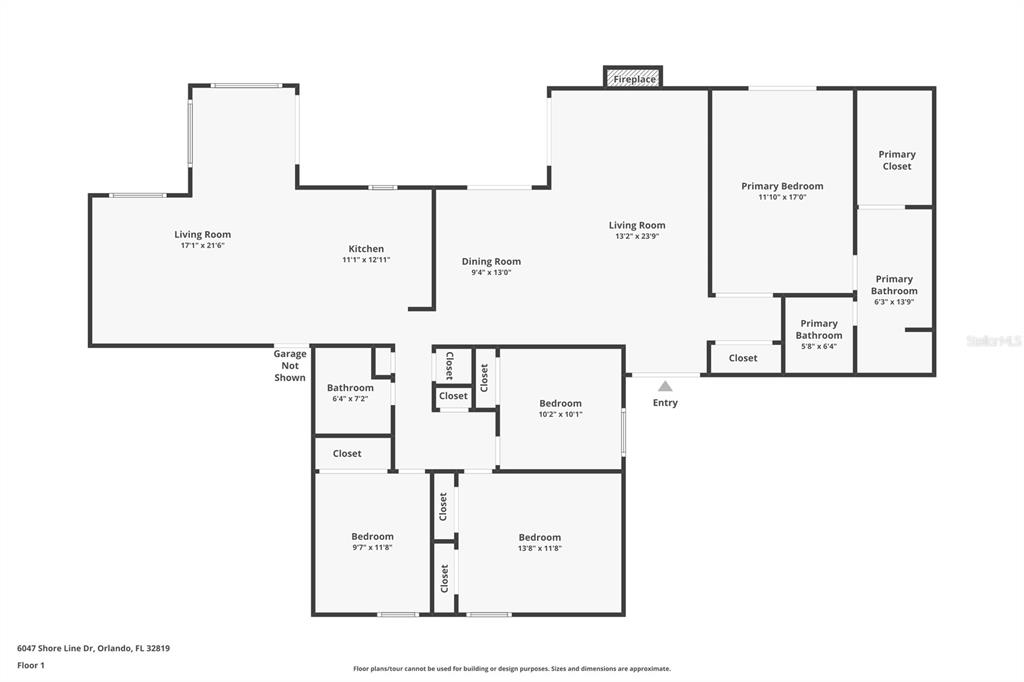 This is a floor plan of a single-story house with four bedrooms and two bathrooms — 6047 SHORE LINE DRIVE, ORLANDO, FL