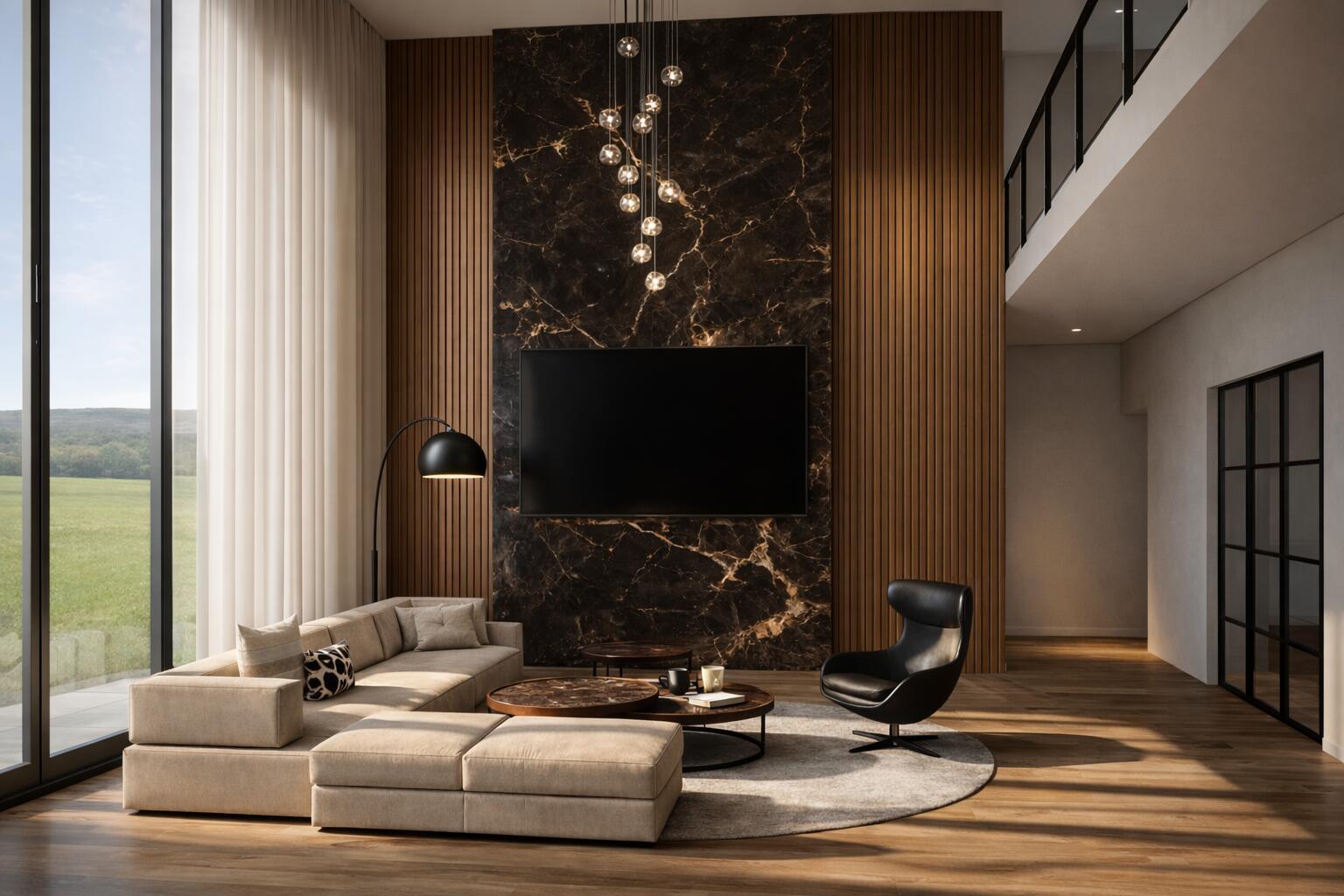 This is a rendering of a modern living room featuring a marble accent wall — 1482 Pelham Road, Wellington FL 33414, WELLINGTON, FL