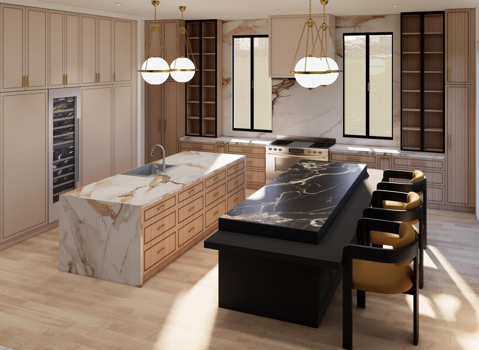 This rendering shows a modern kitchen with two islands, marble countertops, and light wood cabinetry — 1482 Pelham Road, Wellington FL 33414, WELLINGTON, FL